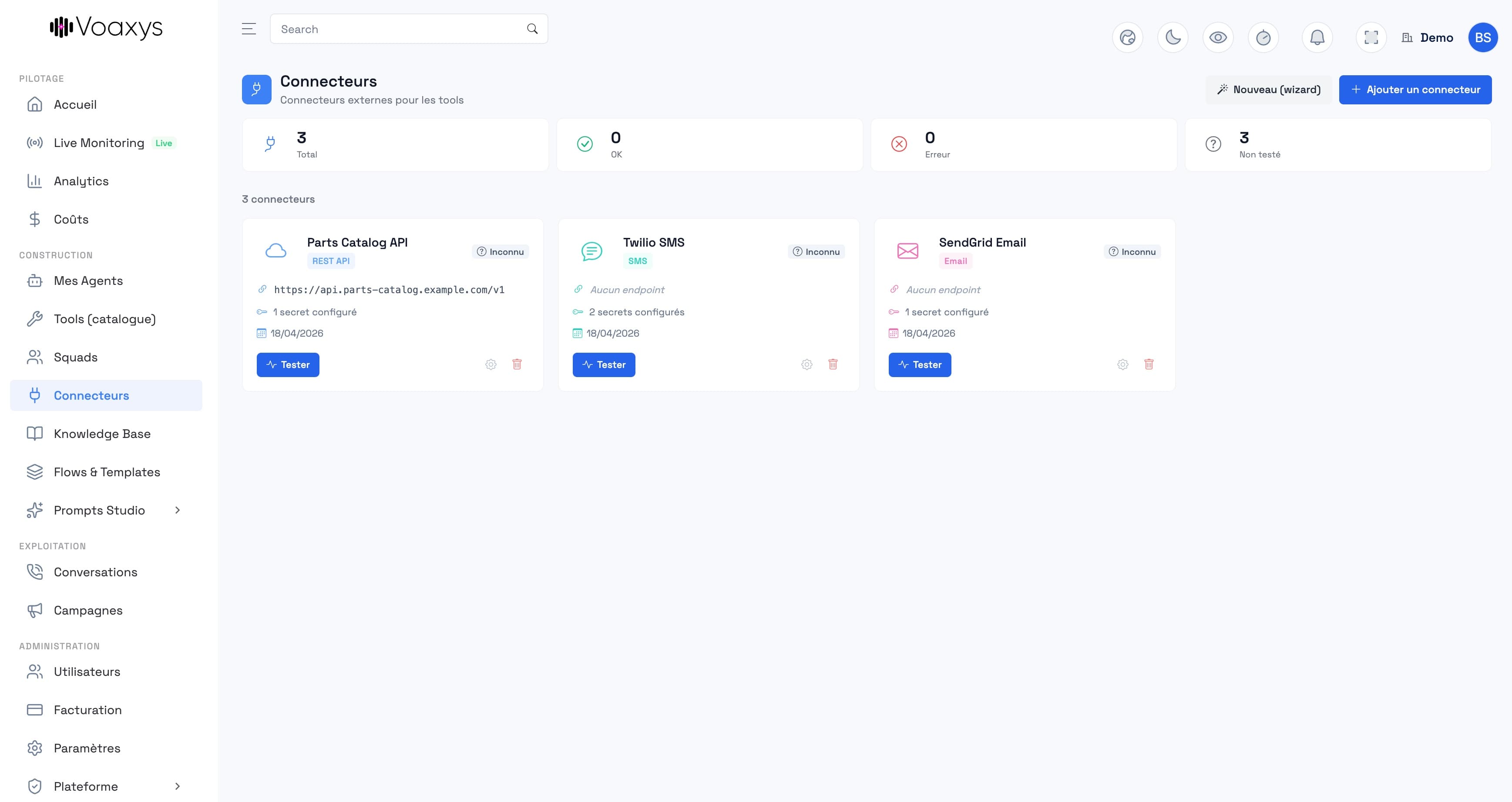 Connecteurs Voaxys — endpoints externes (REST, SMS, Email) avec secrets et test