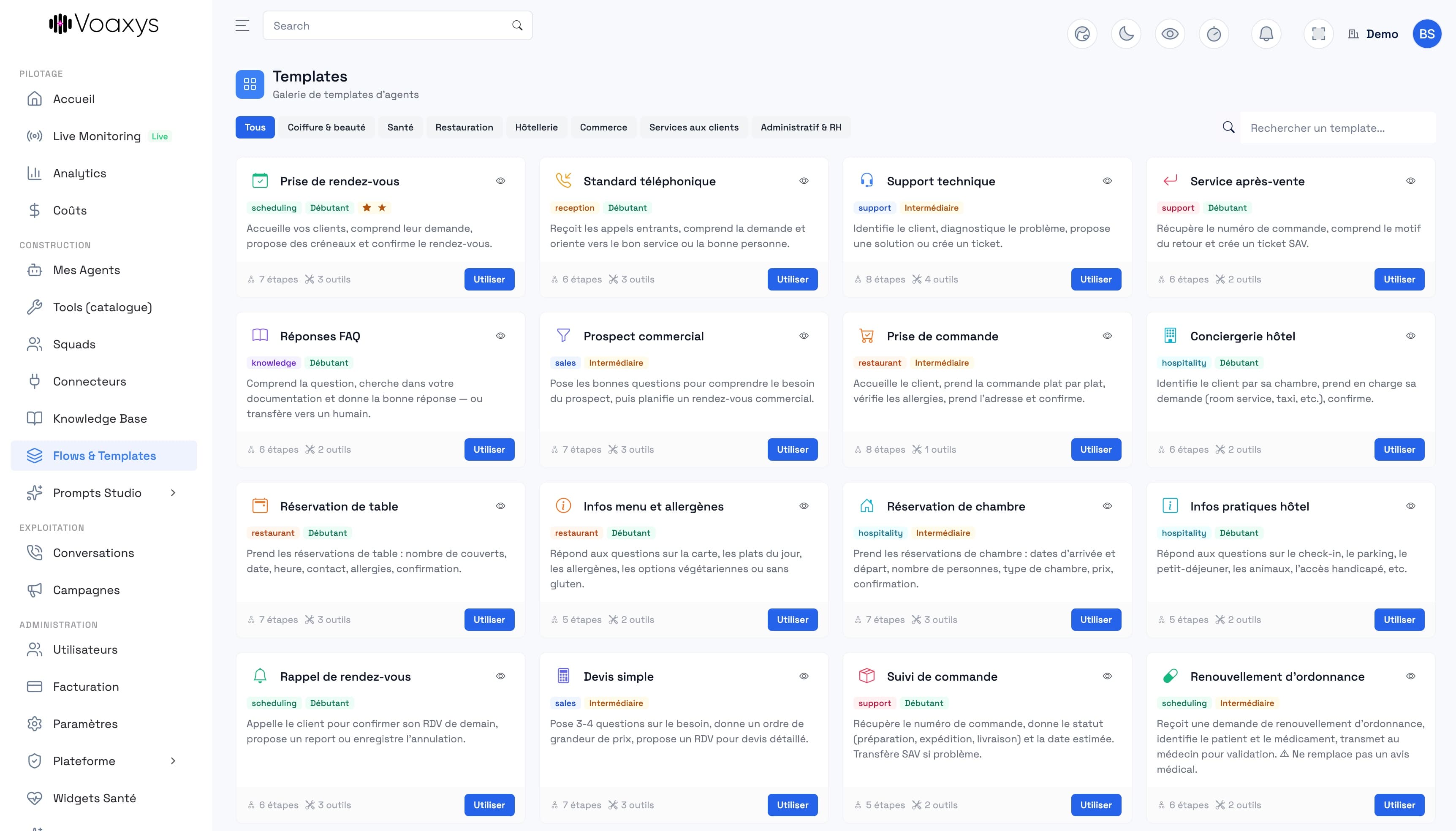 Galerie de templates d'agents Voaxys — démarrage rapide par secteur